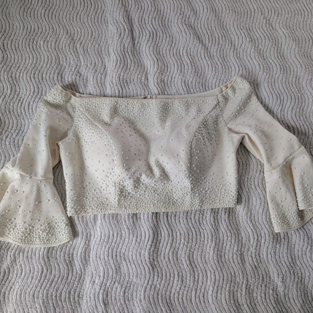 Tiffany Designs Size 8 Beaded Elegant Cream Off-Shoulder Women's Cropped Top